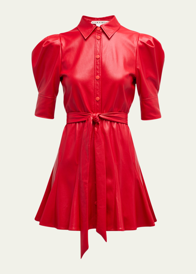 Shop Alice And Olivia Lurlene Vegan Leather Mini Shirtdress In Bright Ruby