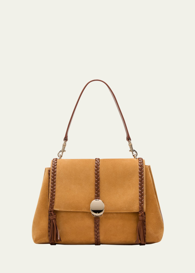 Shop Chloé Penelope Medium Suede Shoulder Bag In 728 Safari Gold