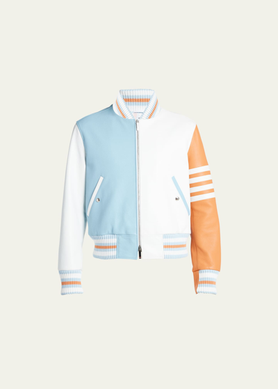 Shop Thom Browne Men's Colorblock Leather Bomber Jacket In White