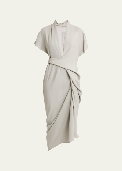 Shop Rick Owens Short-sleeve Draped Midi Wrap Dress In Pearl