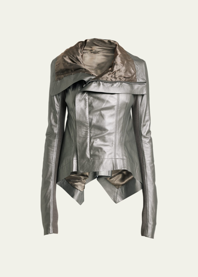 Shop Rick Owens Metallic Leather Asymmetric Moto Jacket In Gun Metal