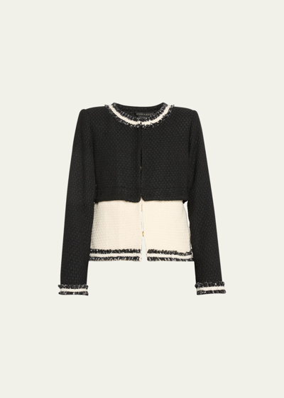 Shop Alice And Olivia Kidman Two Fer Boxy Raw-edge Tweed Jacket In Black/off White