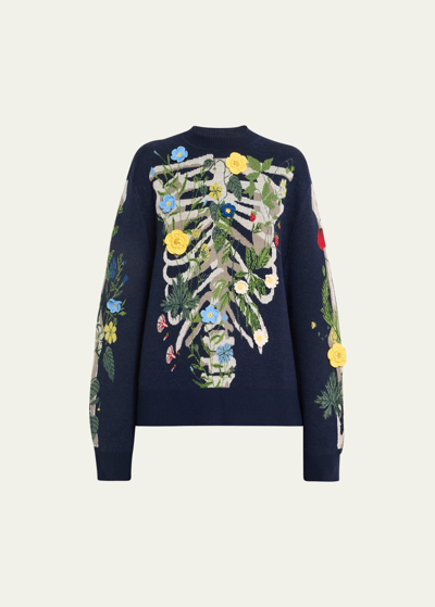 Shop Monse Floral Skeleton Lungs Wool Sweater In Navy Multi