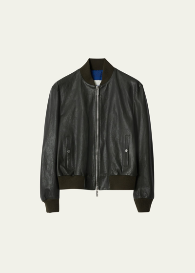 Shop Burberry Men's Grained Leather Bomber Jacket In Onyx
