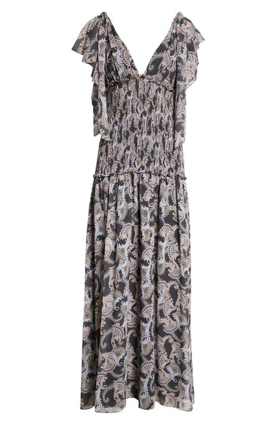 Shop Cinq À Sept Kris Paisley Print Smocked Chiffon Maxi Dress In Raven Multi