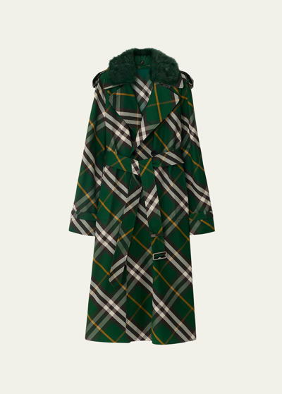 Shop Burberry Check Belted Trench Coat With Faux Fur Collar In Ivy Ip Check