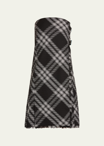 Shop Burberry Check Strapless Buckled Wool Dress In Monochrome
