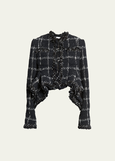 Shop Sacai Tweed Frayed Ruffle Hem Jacket In Black
