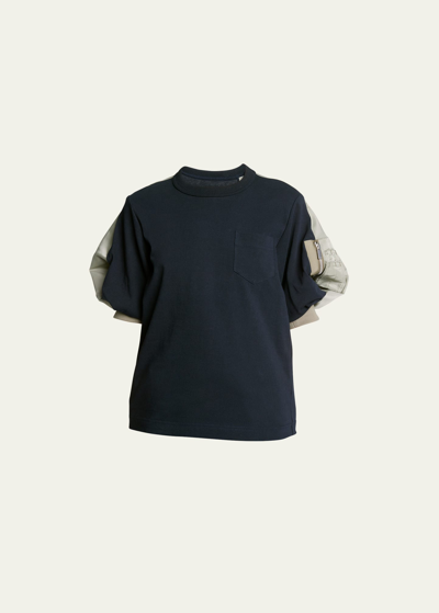 Shop Sacai Nylon Twill Bomber Jacket Sleeve T-shirt In Navy X Lkhaki
