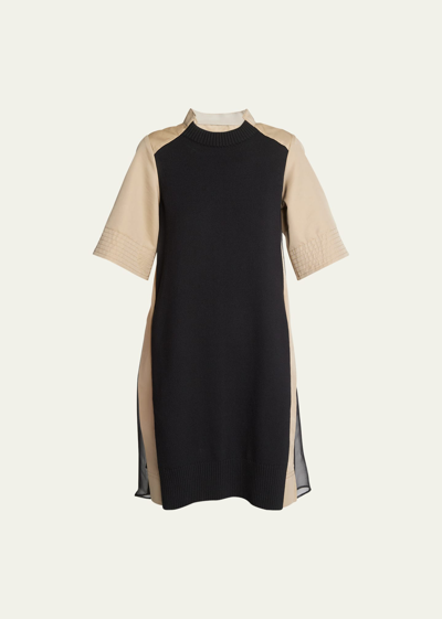 Shop Sacai Pleated Back Knit Shirting Short Dress In Black X Beige