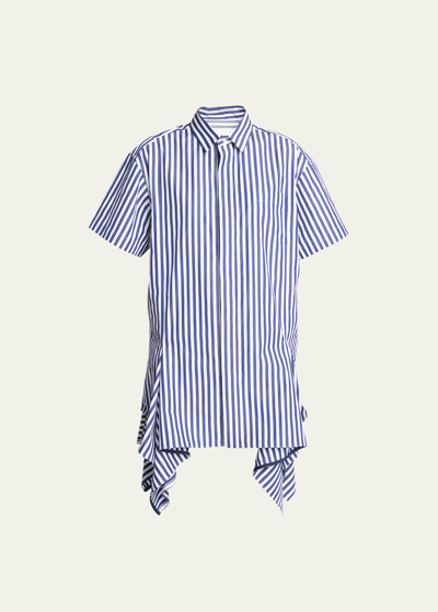 Shop Sacai Striped Shirtdress With Ruffled Hem In Navy Stripe
