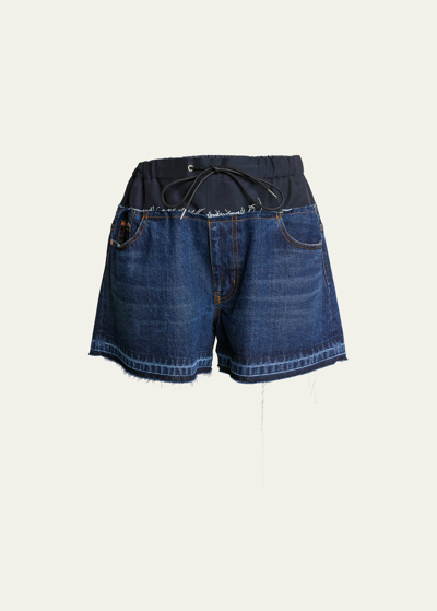 Shop Sacai Layered Elastic-waist Denim Shorts In Blue