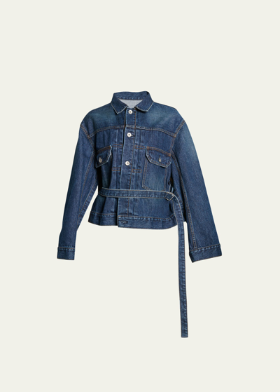 Shop Sacai Long-sleeve Belted Denim Cape Jacket In Blue