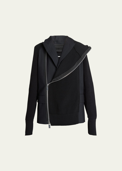 Shop Sacai Mixed-media Stripe Blazer With Zip-up Jacket Overlay In Navy
