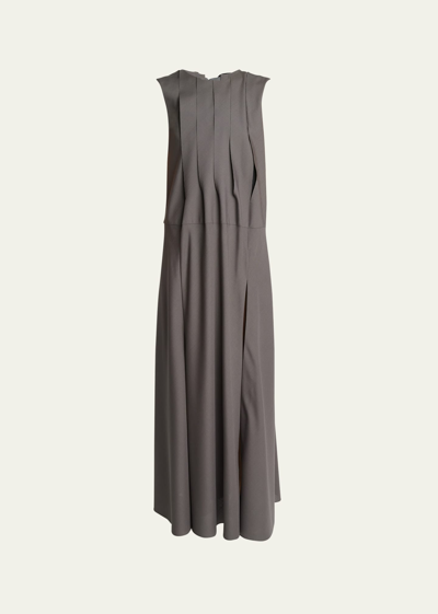 Shop Sacai Sleeveless Pleated Suiting Midi Dress In Taupe