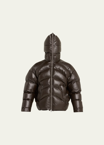 Shop Random Identities Men's Hooded Faux-leather Puffer Jacket In Brown