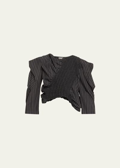 Shop Issey Miyake Contraction Stripe Shirred Crop Blouse In Black-hued