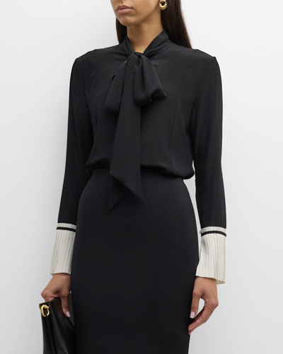Shop Victoria Beckham Pleated Cuff Neck-tie Silk Blouse In Black