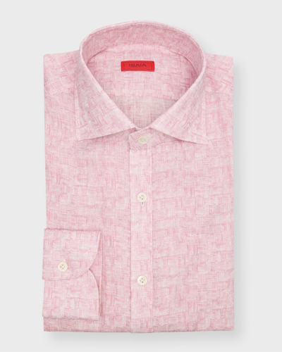 Shop Isaia Men's Linen Basketweave-print Sport Shirt In Pink