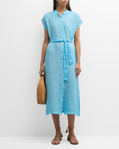 Shop 120% Lino Belted Cap-sleeve Linen Midi Shirtdress In Scuba Blue