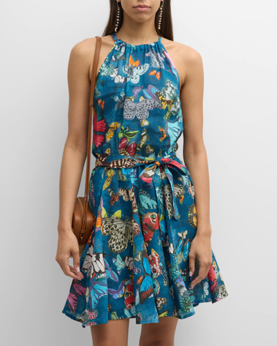 Shop 120% Lino Butterfly-print Linen Halter Mini Dress In Blue Butterfly