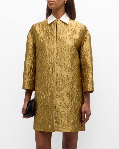 Shop Emilia Wickstead Phaedra Metallic Floral Brocade 3/4-sleeve Coat In Gold Lurex