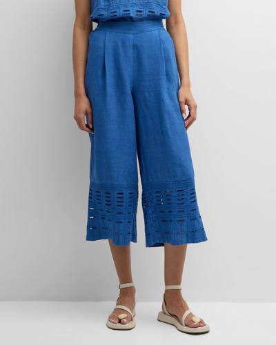 Shop 120% Lino Cropped Wide-leg Embroidered Linen Pants In Delft Blue