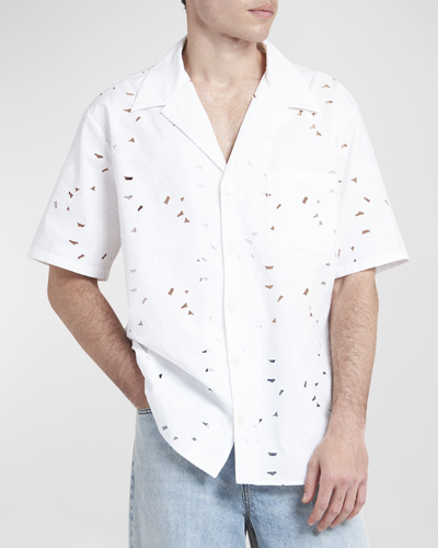 Shop Valentino Men's Lace Cutout Camp Shirt In White