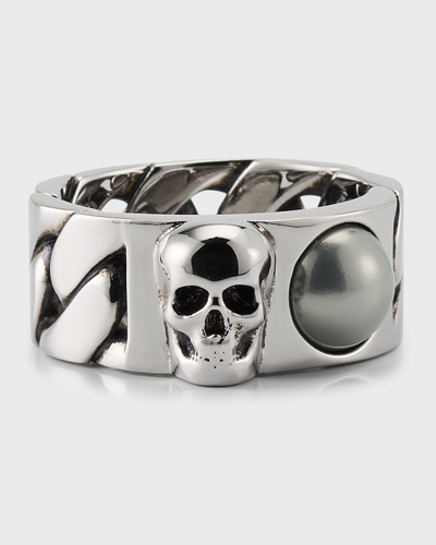 Shop Alexander Mcqueen Men's Pearl And Skull Chain Ring In Antique Silver In A Silver And Pear
