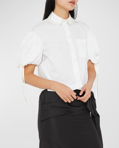 Shop Simone Rocha Beaded-collar Ruched Puff-sleeve Crop Shirt In Whitepearl