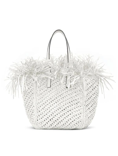 Shop Oscar De La Renta Small Raffia Crochet Square Tote In White