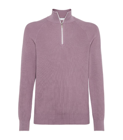 Shop Brunello Cucinelli Cotton English-rib Half-zip Sweater In Purple