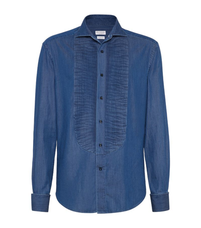 Shop Brunello Cucinelli Denim Slim-fit Tuxedo Shirt In Blue