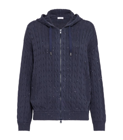 Shop Brunello Cucinelli Cable-knit Sequinned Zip-up Hoodie In Blue