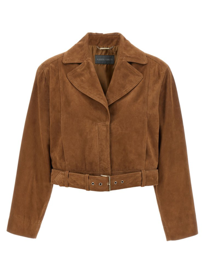 Shop Alberta Ferretti Belted Biker Leather Jacket In Brown