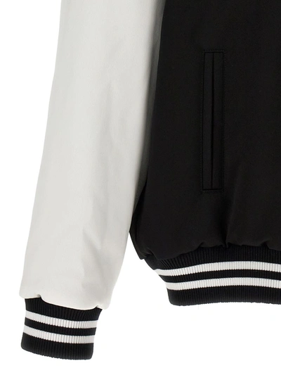 Shop Balmain 'embroidered Badges Satined Varsity' Bomber Jacket In White/black