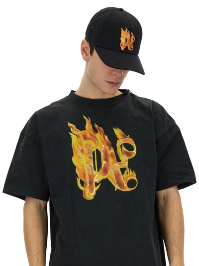 Shop Palm Angels T-shirt With "burning Monogram" Print In Black