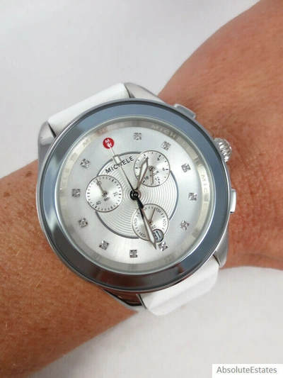 Pre-owned Michele Cape Chronograph Silver White Silicone Topaz Watch Mww27e000022
