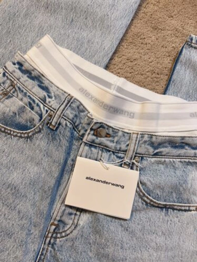 Pre-owned Alexander Wang Womens Low Rise Straight Leg Jeans With Logo Elasic Underwear 26 In Pebble Bleach