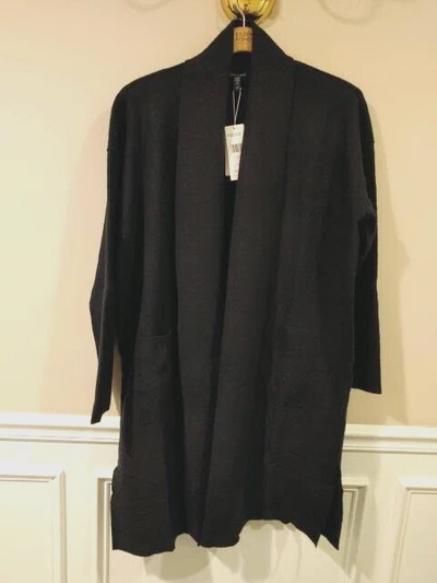 Pre-owned Eileen Fisher Ltweight Boiled Wool Long Cardigan Coat Nocturne Blue Sz M