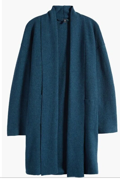 Pre-owned Eileen Fisher Ltweight Boiled Wool Long Cardigan Coat Nocturne Blue Sz M