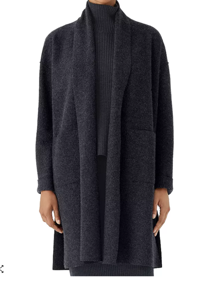 Pre-owned Eileen Fisher Ltweight Boiled Wool Long Cardigan Coat Nocturne Blue Sz M