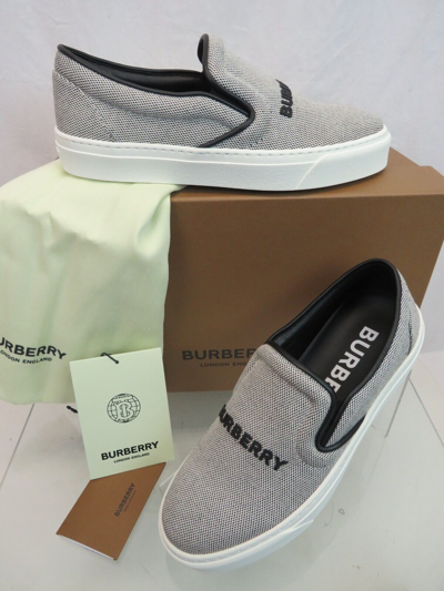 Pre-owned Burberry Thompson Gray Fabric Black Leather Trim Logo Slip On Sneakers 40.5 10.5