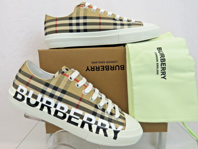 Pre-owned Burberry Larkhall Beige Check Canvas Logo White Cap Toe Unisex Sneakers 42