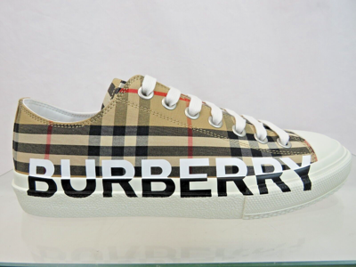 Pre-owned Burberry Larkhall Beige Check Canvas Logo White Cap Toe Unisex Sneakers 42