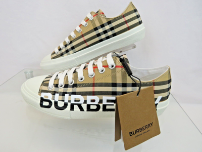 Pre-owned Burberry Larkhall Beige Check Canvas Logo White Cap Toe Unisex Sneakers 42