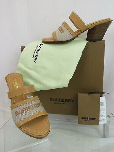 Pre-owned Burberry Honour Brown Sand Tan Leather Logo Slide Sandals Mule Pumps 37 $690