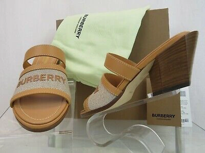 Pre-owned Burberry Honour Brown Sand Tan Leather Logo Slide Sandals Mule Pumps 37 $690