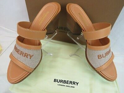 Pre-owned Burberry Honour Brown Sand Tan Leather Logo Slide Sandals Mule Pumps 37 $690