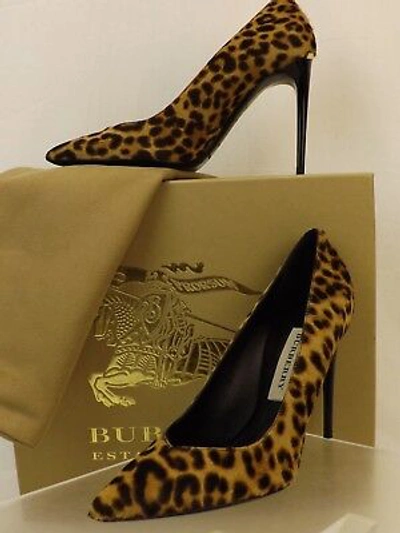 Pre-owned Burberry Barbara Camel Pony Hair Leopard Print Logo Classic Pumps 36 In Multicolor/camel